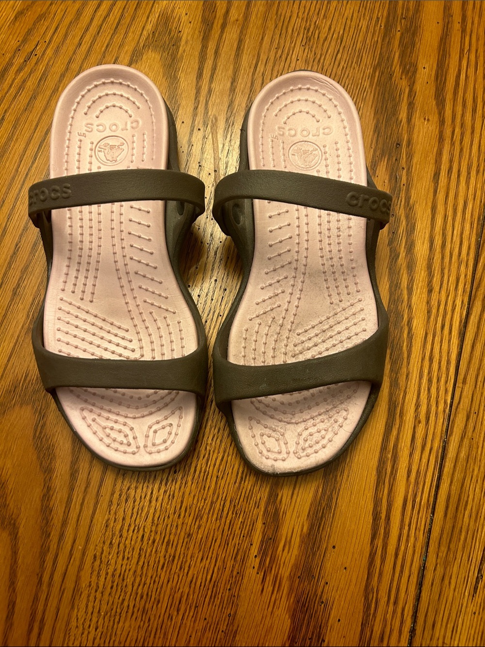 CROCS Two-Strap Slides - Light Pink Insole with Brown Straps